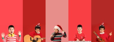 Kırmızı arka planda kulaklıkları, gitarları ve sentezleyicileri olan küçük şirin çocuklar. Noel müziği