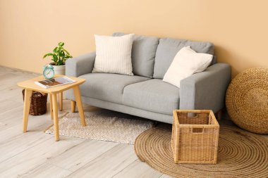Gri kanepe, masa ve sepetlerle oturma odasının içinde.