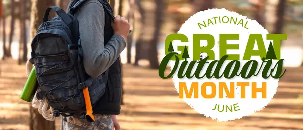 stock image Banner for National Great Outdoors Month with male tourist with backpack in forest