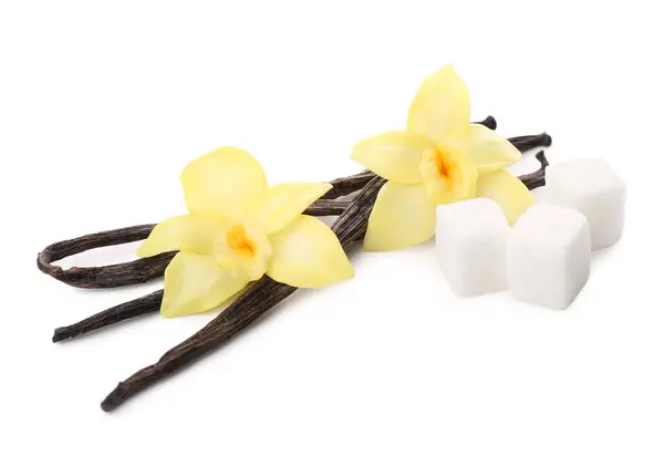 Vanillestangen Zucker Und Blumen Auf Weißem Hintergrund Stockbild