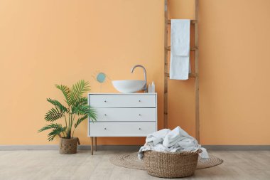 Çamaşır odasının içinde sepet, merdiven ve lavabo var.