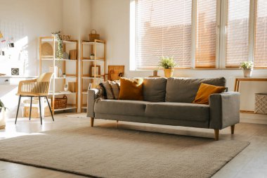 Oturma odasının içinde kanepe, bitki ve raf üniteleri var.