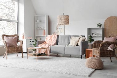 Gri kanepesi ve ekoseli modern şık oturma odası.