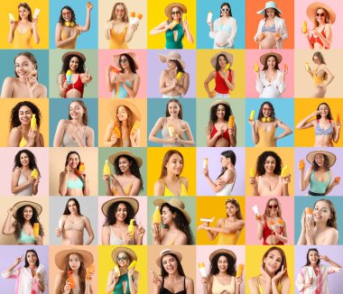 Arka planda güneş kremi olan genç kadınların kolajı