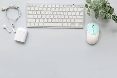 Gri arka planda modern cihazlar ve ev bitkisi kompozisyonu