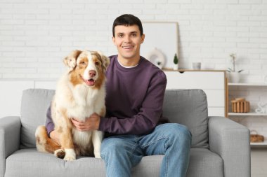 Avustralya çoban köpeği olan genç adam evdeki kanepede oturuyor.