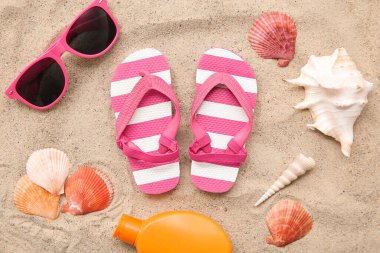 Plaj aksesuarları ve farklı renkte deniz kabukları olan kompozisyon