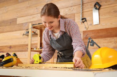 Atölyede mezurası ve kalası olan genç bir kadın marangoz. İşçi Bayramı kutlamaları