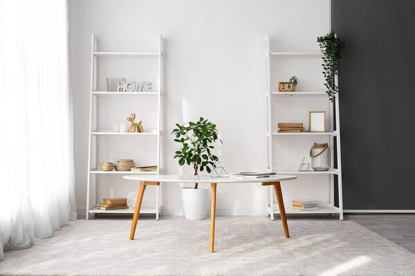 Shelving units, coffee table and houseplants near white wall in white room