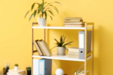 Kitaplık ve turuncu duvarın yanında bitkiler, bulanık görünüm