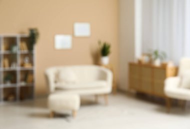 Kitaplık ve ev çiçekleri şık oturma odasındaki beyaz kanepenin yanında, bulanık manzaralı.