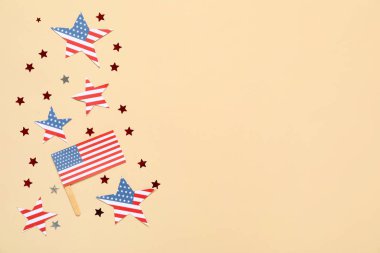 ABD bayraklı kompozisyon ve renkli arka planda yıldızlar. Bağımsızlık Günü kutlamaları