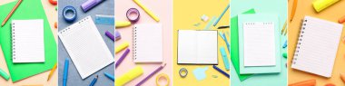 Renk arkaplanı üzerine birçok boş defter ve farklı okul malzemesi içeren kolaj