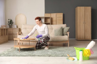 Oturma odasında bez parçası ve sprey boyayla temizlik yapan genç bir adam.