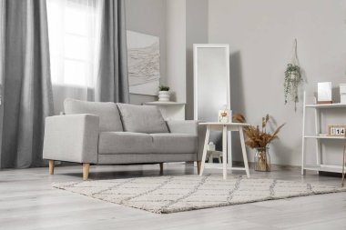 Rahat kanepesi, sehpası ve halısı olan aydınlık modern oturma odası.