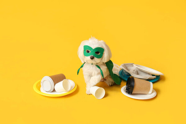 Милая собачка в костюме эко супергероя с мусором на желтом фоне