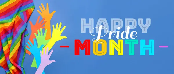Banner Für Happy Pride Month Bunte Papierhände Und Regenbogenstoff lizenzfreie Stockfotos