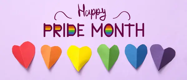 Banner Til Happy Pride Måned Med Farverige Hjerter Lavet Papir Stock-billede