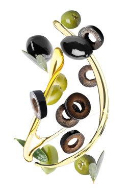 Uçan zeytinler ve beyaz arka planda biraz yağ.