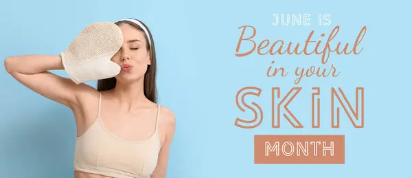stock image Banner for Beautiful In Your Skin Month with young woman with massage mitten