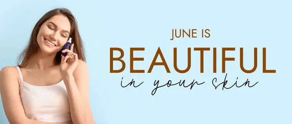 stock image Banner for Beautiful In Your Skin Month with young woman with cosmetic serum
