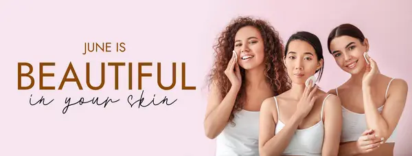 stock image Banner for Beautiful In Your Skin Month with young women with cotton pads