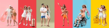 Group of happy young couple on color background. Travel concept