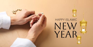 Hands of praying Muslim man with tasbih on color background. Greeting banner for Islamic New Year