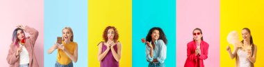 Collage of many beautiful women with sweets on color background