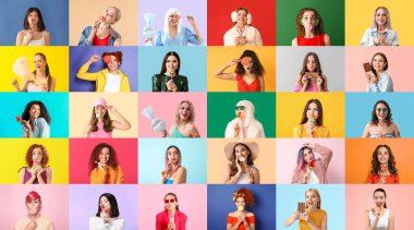 Collage of many beautiful women with sweets on color background
