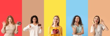 Set of different women eating sweet chocolate on color background