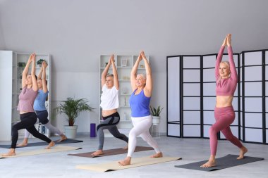 Spor salonunda yoga yapan bir grup olgun kadın.