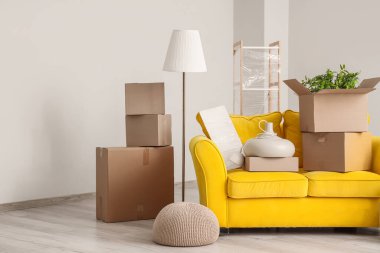 Karton kutular ve kanepe aydınlık oturma odasında taşınmak için hazırlandı.