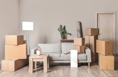 Taşındığı gün oturma odasında kanepe ve sehpa olan karton kutular.