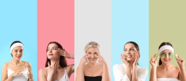 Set of many women taking care of their skin on color background