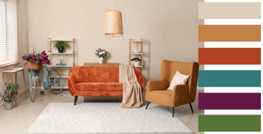 Bisikletli, rahat mobilyalı, aydınlık oturma odası. Farklı renk desenleri