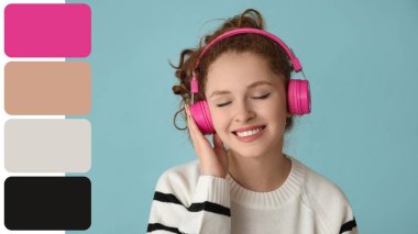 Young woman listening to music on blue background. Different color patterns