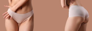 Beautiful young woman in stylish underwear on brown background. Banner for design