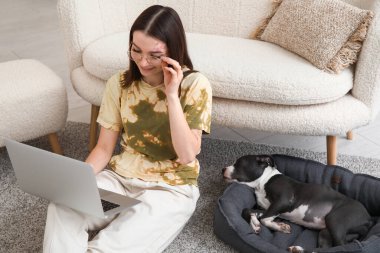 Beautiful young woman with laptop and cute staffordshire terrier puppy on pet bed at home