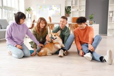 Gençler ofiste Corgi Dog ile oynuyorlar.