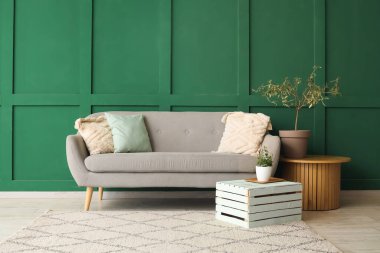 Gri kanepesi, saksısı ve kahve masası olan minimalist oturma odasının içinde.