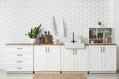 Interior of light kitchen with white counters, houseplant and utensils