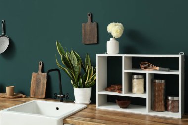 Mutfak tezgahları yeşil duvarın yanında lavabo, raflar ve çatal bıçaklarla dolu.