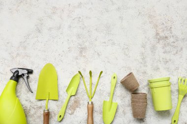 Beyaz grunge arka planda bahçe malzemeleri. Üst görünüm