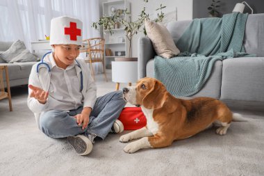 Little African-American boy playing doctor with cute beagle dog at home