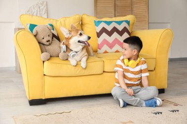 Little happy Asian boy with cute Corgi dog in headphones sitting at home
