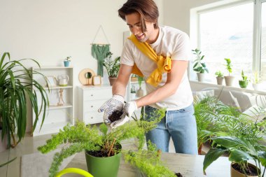 Handsome man taking care of plant at home