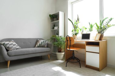 Interior of light office with workplace, sofa and green houseplants