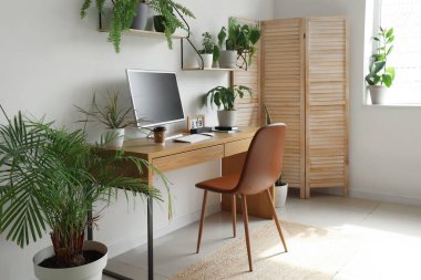 Interior of light office with workplace, shelves and green houseplants