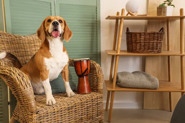 Evdeki hasır koltukta oturan davullu sevimli av köpeği.